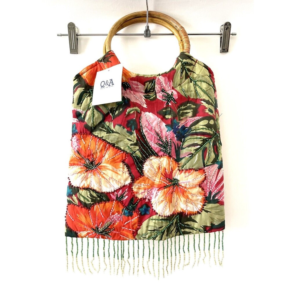 NWT Q&A Womens Multicolor Beaded Fringe Tropical Floral Top Handle Handbags